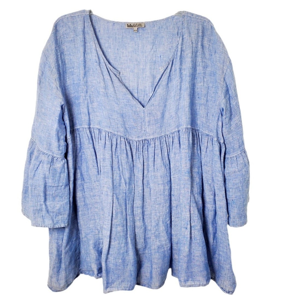 Tutu & Lilli Blue Linen Fluted Sleeve Oversized Empire Top Popover Blouse‎